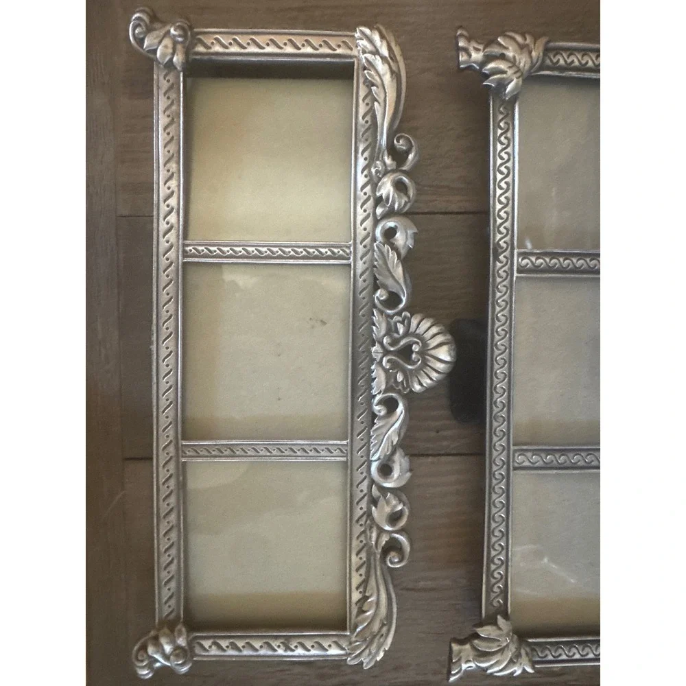 Vintage Silver Ornate Triple Photo Frame Set Friends & Scroll Crest 2pc